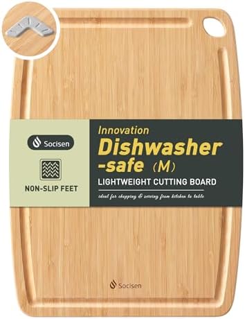 Lightweight Durable Bamboo Cutting Board with Non-Slip Feet, Reversible Wood Cutting Board with Juice Groove Easy to Store & Clean, Water-Resistant Ideal Kitchen Gift for Home Cooks
