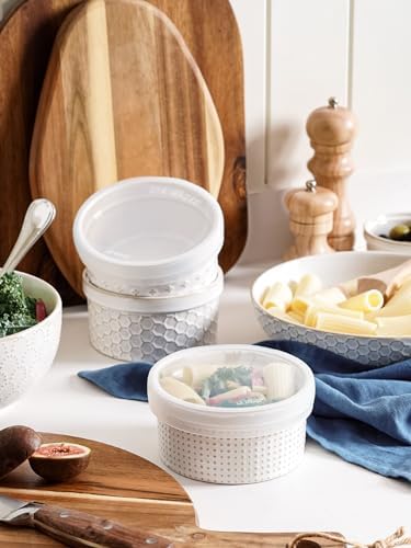 LE TAUCI Ramekins Oven Safe with Lids, 12 oz Ramikin Set for Creme Brulee, Souffle, Dipping Sauce, Onion Soup, Ceramic Food Storage Container - 5 inch, Set of 4, Arctic White