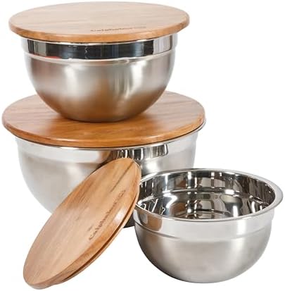Calphalon Orbit Mixing Bowl Set, 3-Piece Stainless Steel Mixing Bowls(1.5 Qt, 3 Qt, 5 Qt) with Acacia Wood Lids & Non-Slip Base, Kitchen Prep Bowls for Mixing, Serving & Food Storage