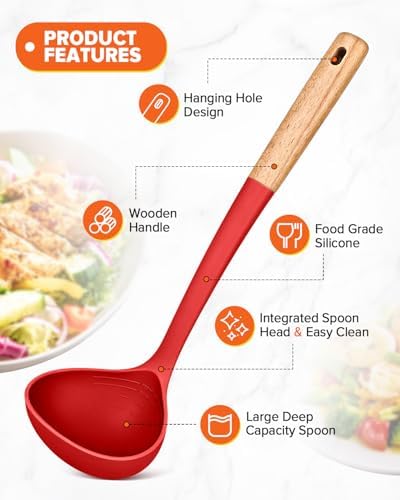 Badiano Kitchen Pasta Fork and Ladle Set, Perfect for Serving, Red