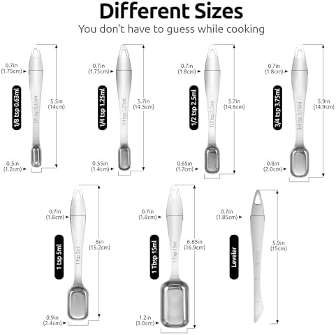 U-Taste Narrow Square Measuring Spoons, Metal Measure Set of 7 with Leveler