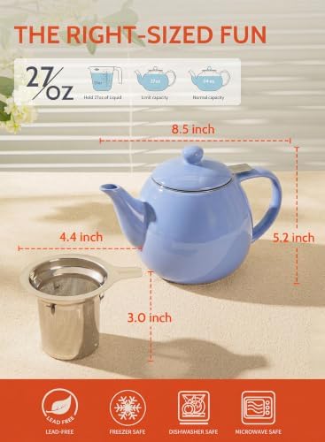 Sweese Porcelain Teapot 27 oz with Infuser for Loose Leaf Tea, Dusty Blue