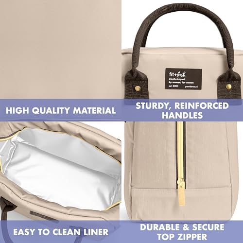 Fit & Fresh Bloomington Lunch Bag for Women - Insulated Large Lunch Box for Work with Containers, Leak-Resistant, Tan