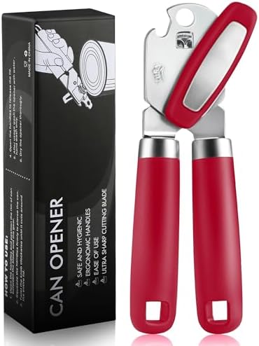 Multifunctional Can Opener Manual, Durable Heavy Duty Handheld Strong Can Opener with Smooth Cutting Edge, Friendly Kitchen Essentials Tool for Seniors, Camping and Bottle Opening-Red