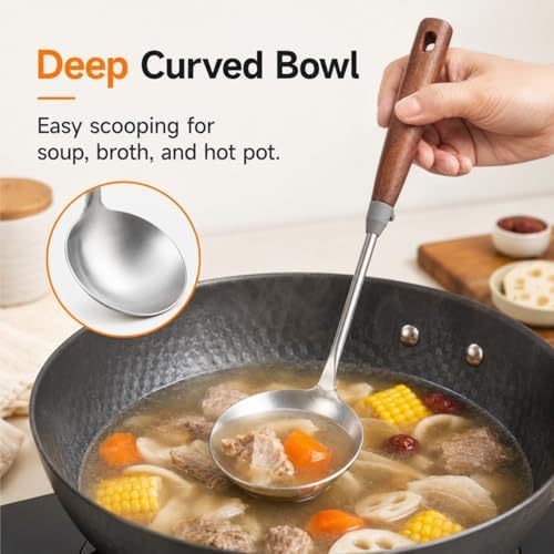 WANGYUANJI 14.2 Inch Stainless Steel Soup Ladle, Deep Wok Ladle Spoon with Wooden Handle and Pot-Rim Stopper, Long Handle Serving Scoop for Soup, Hot Pot, Stew and Chili