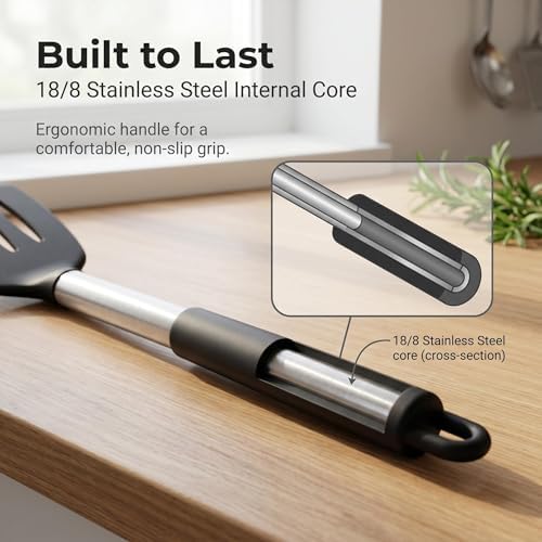 2-Pack Silicone Solid & Slotted Turner Spatulas, Non-Stick Heat Resistant Cooking Utensils for Eggs, Fish & Pancakes, Stainless Steel/Black Handle