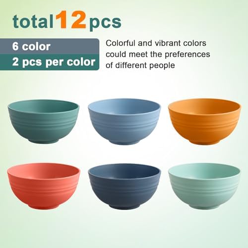 HEYCOME 12 Pcs Unbreakable Cereal Bowls Set, 26 Oz Wheat Straw Bowls Set, Microwave & Dishwasher Safe Rice Bowls for Kitchen, Reusable Plastic Bowls for Soup, Salad and Snack, BPA Free, Multicolor