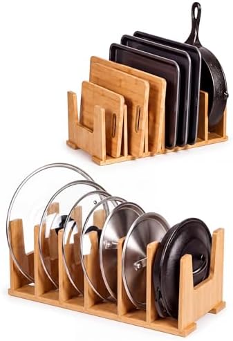 2 Pack Bamboo Pot Lid Organizer for Drawer & Cabinet, 6-Slot Lid Holder