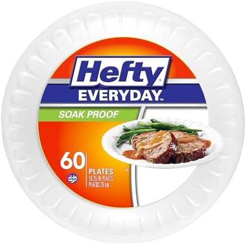 Hefty Everyday Soaf Proof Round Foam Plates, White, 10.25 inches, 60ct