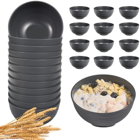 HEYCOME 12 Pcs Unbreakable Cereal Bowls Set, 26 Oz Wheat Straw Bowls Set, Microwave & Dishwasher Safe Bowls for Kitchen, Reusable Plastic Bowls for Soup, Salad and Snack, BPA Free, Dark Gray