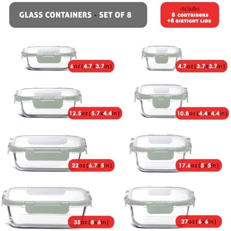 EATEX 16pc Glass Storage Containers with Lids, 8 Glass Food Storage Containers with 8 Airtight Lids for Pantry & Kitchen, Meal Prep Containers for Lunch, Oven Freezer Microwave & Dishwasher Safe