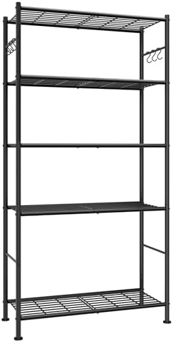 Sakugi 5-Tier Storage Shelves with 6 Hooks, 33.2" x 12.7" x 71.1", Black