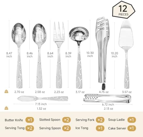 HIKAA 12-Piece 18/0 Premium Stainless Steel Serving Set, Elegant Floral-Design Handles, Slotted Spoon, Serving Spoon, Fork, Tongs, Soup Ladle & Cake Server for Buffets, Weddings & Home Entertaining
