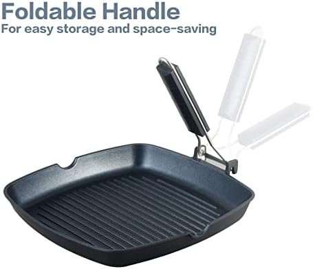 S·KITCHN Grill Pan with Folding Handle, Nonstick Grilling Pan for Stove Tops, Induction Compatible Square KBBQ Pan with Pour Spouts - 9IN
