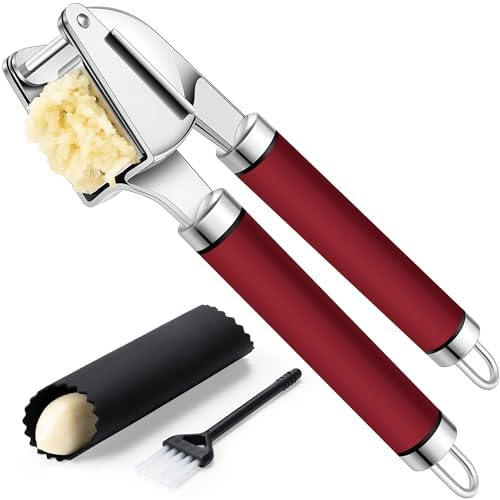 Rainspire Premium Garlic Press Stainless Steel, Garlic Mincer Tool, Garlic Crusher Tool, Garlic Smasher Garlic Masher Includes Silicone Garlic Peeler & Cleaning Brush, Dishwasher Safe (Red)