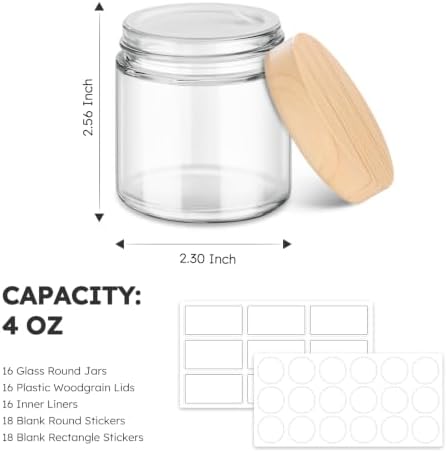 16 Pack 4 OZ Glass Jars with Lids, Small Glass Containers with Plastic Woodgrain Lids & Inner Liners, Reusable Travel Containers for Creams, Makeup, Lotion, Cosmetic, Ointment