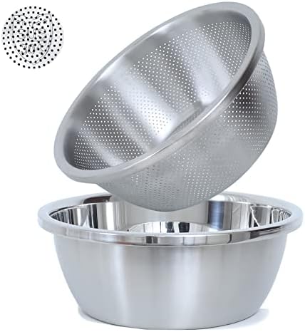 Paoli 304 Stainless Steel Fine Mesh Colander Set, 2QT Large Capacity Strainer with Mixing Bowl — Rinse Fruits, Veggies, Rice & Drain Pasta, Dishwasher Safe (2-Piece)