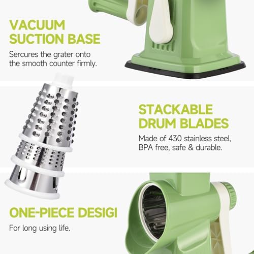 Rotary Cheese Grater Hand Crank Transparent - Shredder Slicer Grinder 3 Stainless Steel Blades, Stable Suction, Labor-Saving Handle, Safe Kitchen Tool for Cheese, Vegetable, Nuts, Chocolate