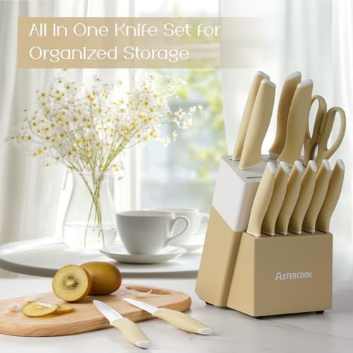 Astercook Kitchen Knife Set with Block and Sharpener 15 Piece Knives Set German High Carbon Stainless Steel Sharp Blade Dishwasher Safe with Ergonomic Handle Yellow