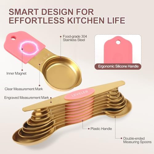 16-Piece Magnetic Measuring Cups & Spoons Set, Stainless Steel, Pink & Gold