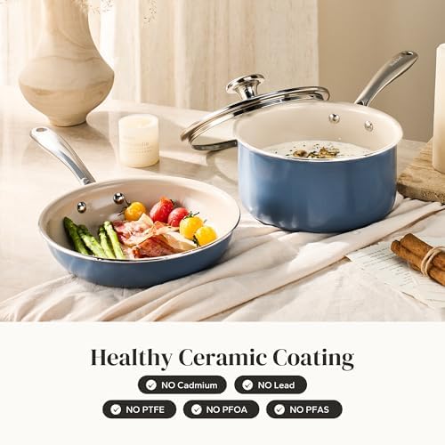 Redchef Saucepan & Frying Pan Set, 8" Ceramic Frying pan & 2.5Qt Saucepan with Lid, Cookware Set, Induction Compatible, Nontoxic PTFE PFOA Free, Oven & Dishwasher Safe, Blue