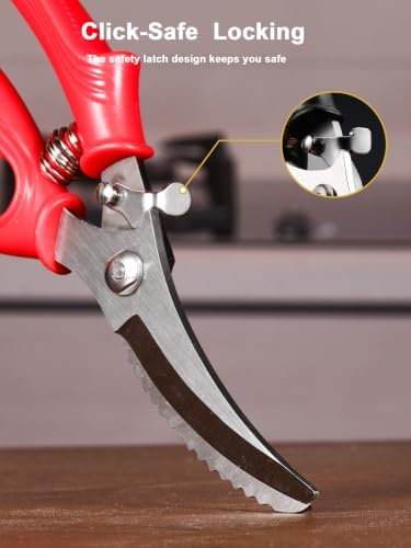 Poultry Shears, Kitchen Shears with Spring Loaded, Heavy Duty Poultry Scissors for Meat, Chicken,Turkey, Anti-Slip Handle,Safety Lock,Dishwasher Safe