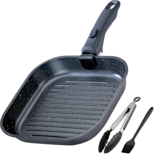 Stove Top Grill Pan, 10.8-Inch Square Pan for Steak, Detachable Handle
