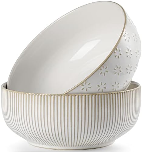 getstar Large Serving Bowls (8 inch & 60 fl oz), Ceramic Salad Bowl Set of 2, Microwave and Dishwasher Safe, Farmhouse Kitchen Decorative Bowls Set (Embossed Stripes & Stars)