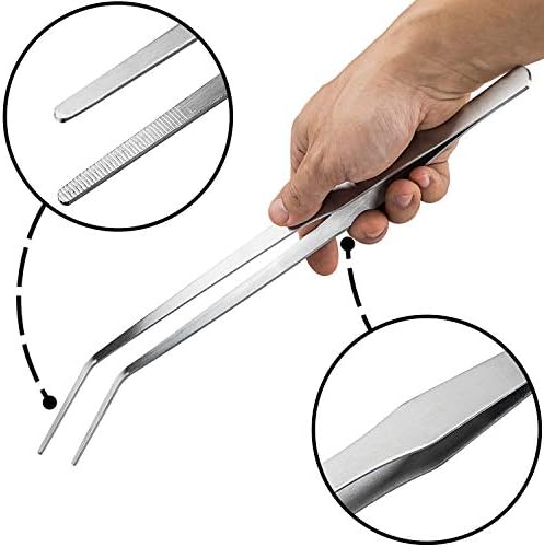 OIIKI 15 inch Curved Aquarium Tweezers, Polished Tongs Tweezers, Silver