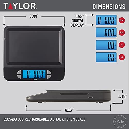 Taylor USB Rechargeable Digital Kitchen and Food Scale, 11 pound capacity with Dishwasher Safe Tray, Cord Included