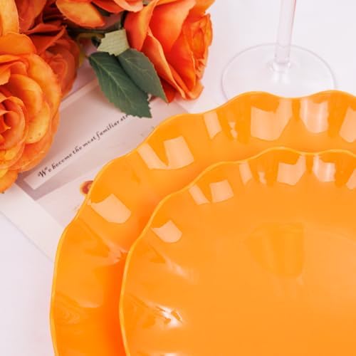 LIYH 24 Orange Plastic Plates Reusable for Thanksgiving Halloween 12 Guests