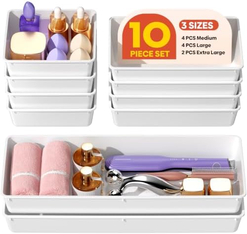 10 Pack Large Size Plastic Drawer Organizers Set, 3 Sizes Desk Drawer Organizer Trays, Storage Bins for Vanity, Makeup, Bathroom, Kitchen Utensils and Office (White)