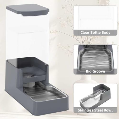 Automatic Cat Feeder and Water Dispenser in Set with Pet Food Bowl,Gravity Dog Waterer and Food Feeder for Small Medium Dog Cat Puppy Kitten Large Capacity(3.8L,Grey,Stainless Steel Bowl)