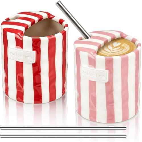 2 Pack Ceramic Coffee Mug with Sip Hole, Simple, Red, Pink