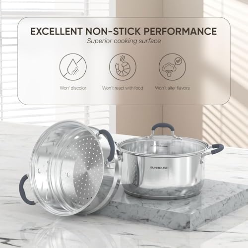 Sunhouse: 2-Tier Stainless Steel Steamer Pots - 3.1 Quart - Tempered Glass Lid, 3-Ply Bottom, Vegetable-Dumpling-Food Cookware, Dishwasher & Oven Safe