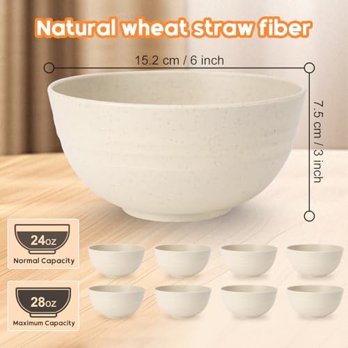 Unbreakable Cereal Bowls Set of 8, 26 Oz Wheat Straw Bowl Sets, Microwave & Dishwasher Safe Bowls for Kitchen, Reusable Plastic Bowl for Soup, Salad, Rice, Snack, BPA Free, Beige
