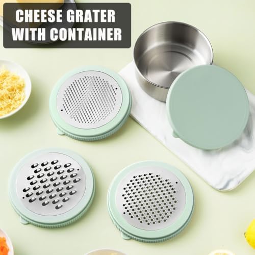 Cheese Grater with Container & Lid, Multi Functional Stainless Steel Box Grater, Handheld Grater Bowl for Kitchen,Lemon Zester for Parmesan, Cheeses, Ginger, Chocolate, Vegetables, Butter (Mint Green)