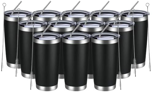MEWAY 20oz Tumbler 12 Pack Double Wall Vacuum Insulated Travel Mug Bulk, Stainless Steel Tumblers with Lid and Straw, Durable Powder Coated Coffee Cups for Cold & Hot Drinks (Black, 12)