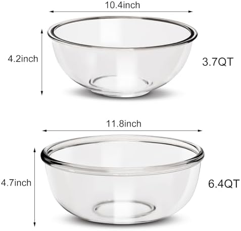 Large Borosilicate Glass Mixing Bowls, Set of 2 (6.4QT, 3.7QT) - Heavy-Duty, Stackable & Lead-Free. Oven, Microwave, Dishwasher & Freezer Safe. Ideal for Sourdough, Baking, Prepping, Serving.