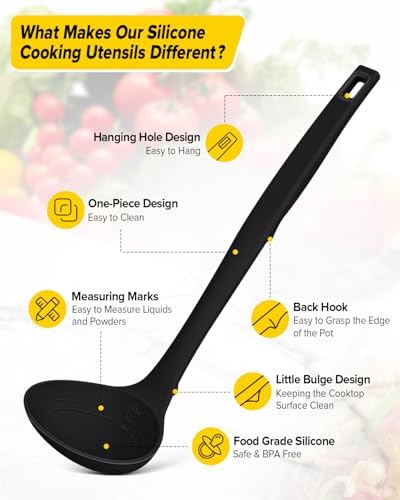 BUNDLEPRO Silicone Soup Ladle and Pasta Spoon Set, One-Piece, 2 Pack, Black