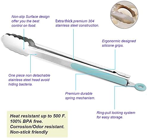 Premium 304 Stainless Steel Tongs Set – 12" Grill Tongs & 9" Cooking Tongs, Heat Resistant up to 600°F, Wavy Grip Head, Non‑Slip Handle with Locking Clip & Hanging Loop, Dishwasher Safe, Aqua Sky