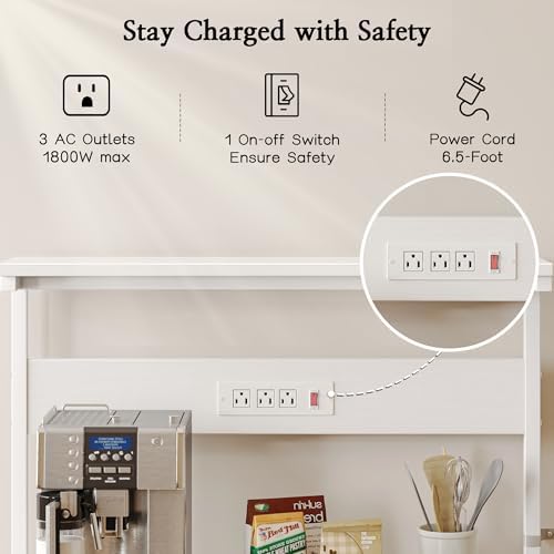 SUPERJARE Bakers Rack with Power Outlets, Microwave Stand, 31.5 X 16.5 Inch Larger Desktop, Kitchen Storage Rack with Adjustable Middle Shelf, 6 S-Shaped Hooks, Coffee Bar Stand, White