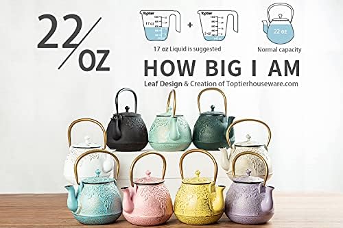 TOPTIER Tea Kettle for Stove Top, Cast Iron Teapot Stovetop Safe with Infusers for Loose Tea, 22 oz, Light Green