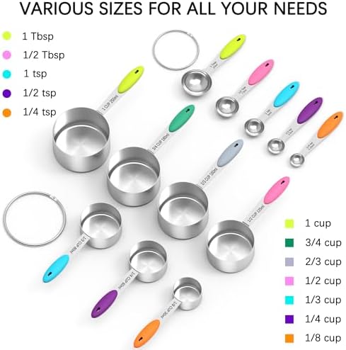 TILUCK Nesting Measuring Cups and Spoons Set, Stainless Steel with Soft Silicone Handle – Heavy Duty & Dishwasher Safe for Measuring Dry/Liquid Ingredients, Ideal for Cooking & Baking (12)