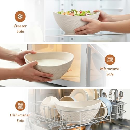 Homienly Salad Bowls Set of 6, 60 OZ Large Wheat Straw Bowls for Kitchen, Camping, Party, Unbreakable Lightweight Popcorn Bowl, Microwave and Dishwasher Safe Bowl Set with Unique Texture - Beige
