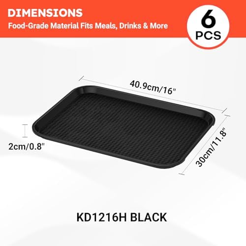 Commercial Fast Food Serving Trays, Medium, 16" x 12", 6 Pack, Black