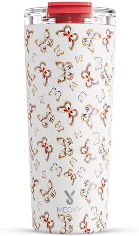 Meoky 24 oz Insulated Travel Coffee Mug: Leak Proof Lid, Jewel Butterfly