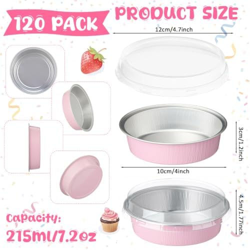 Yinder 120 Pcs 8 oz Disposable Creme Brulee Ramekins with Lids, 4 Inch Mini Pie Tins Aluminum Foil Pie Tart Cake Baking Pans Individual Round Containers Oven Safe (Light Pink)