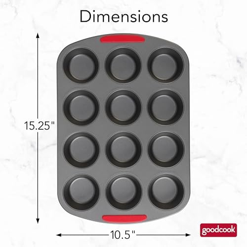 GoodCook MegaGrip 12-Cup Muffin Pan with Silicone Grip Handles Perfect for Cupcakes Durable Heavy-Gauge Steel Construction Scratch-Resistant Nonstick Coating, 15.5x10.5-Inch, Gray (Pack of 12)