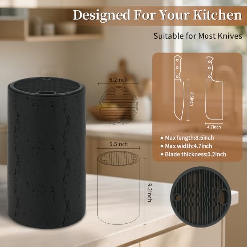 Knife Block Without Knives,Travertine Stone Look Round Universal Knife Holder with Slots for Scissors & Sharpening Rod,Safe Space Saver Knife Storage Stand,Detachable Knife Organizer - Matte Black